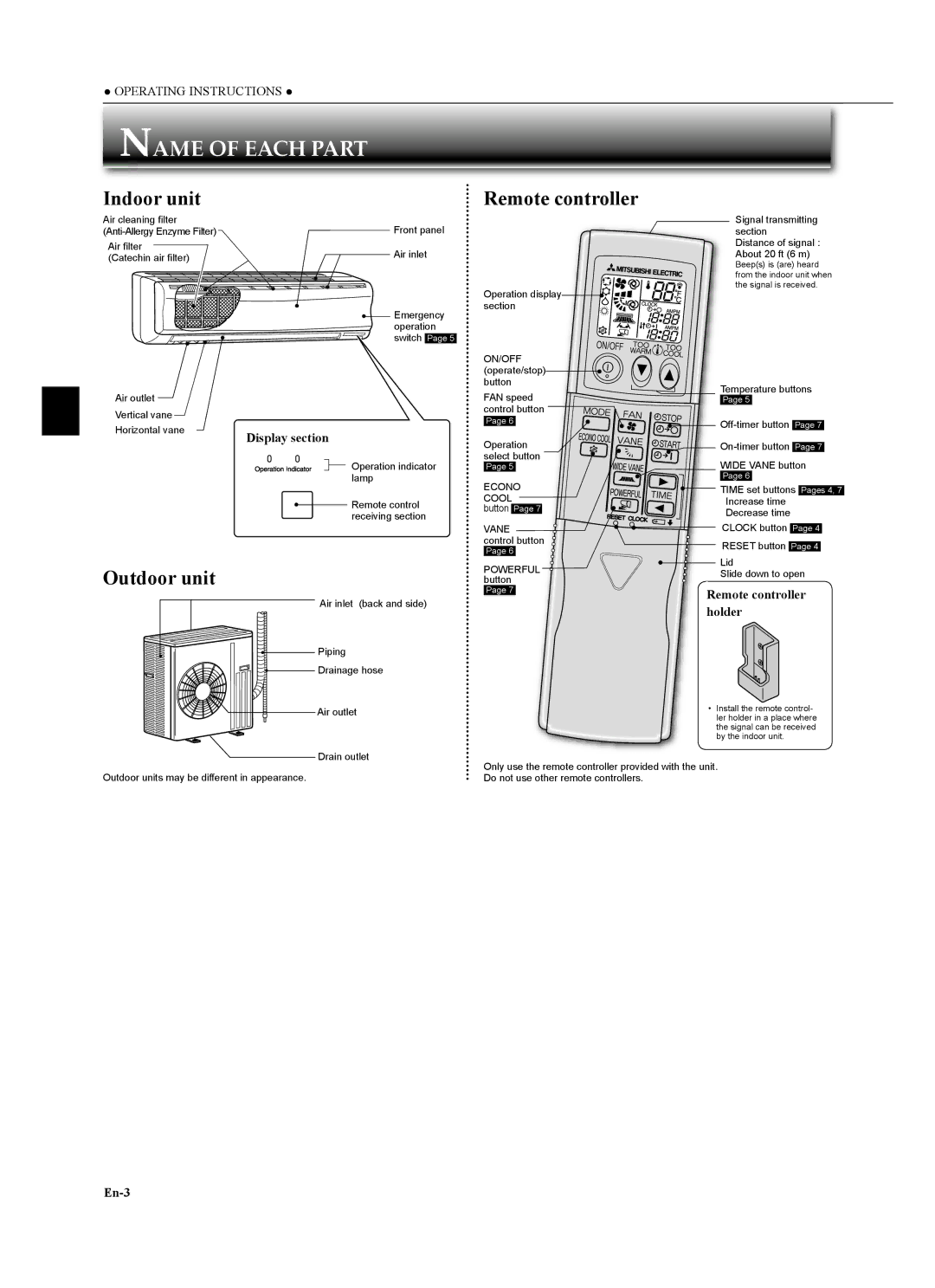 Mitsubishi Electronics MSZ-GA24NA operating instructions Name of Each Part, Indoor unit, Outdoor unit, Remote controller 