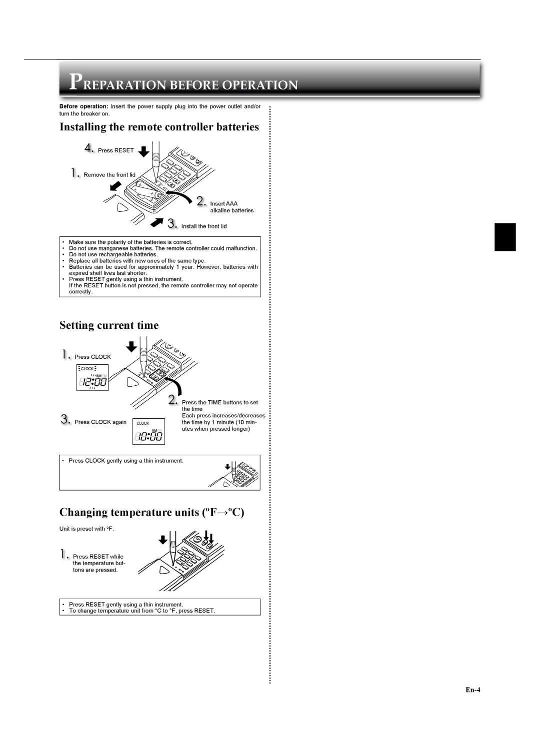 Mitsubishi Electronics MSZ-GA24NA Preparation Before Operation, Installing the remote controller batteries 