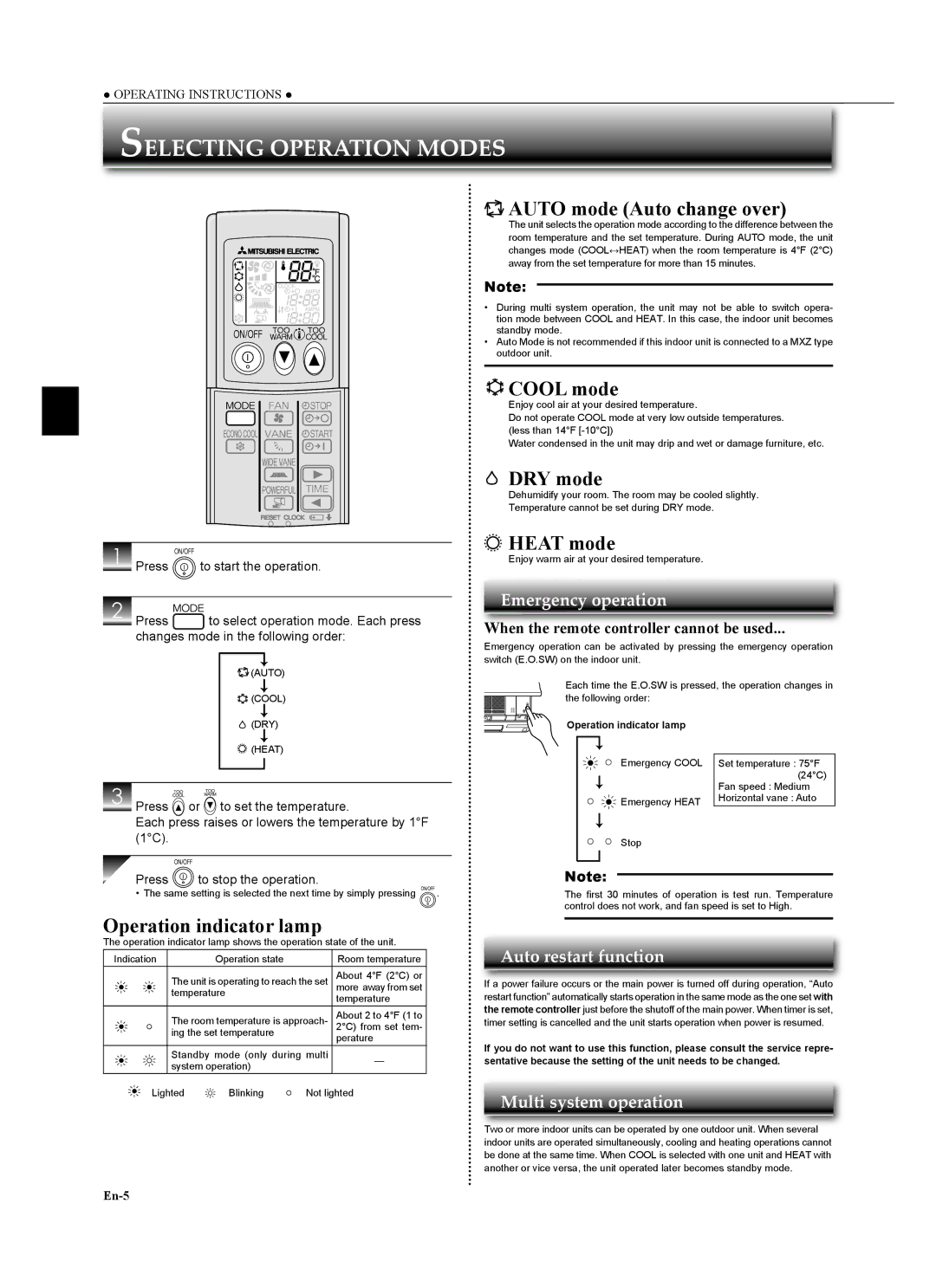 Mitsubishi Electronics MSZ-GA24NA operating instructions Selecting Operation Modes 