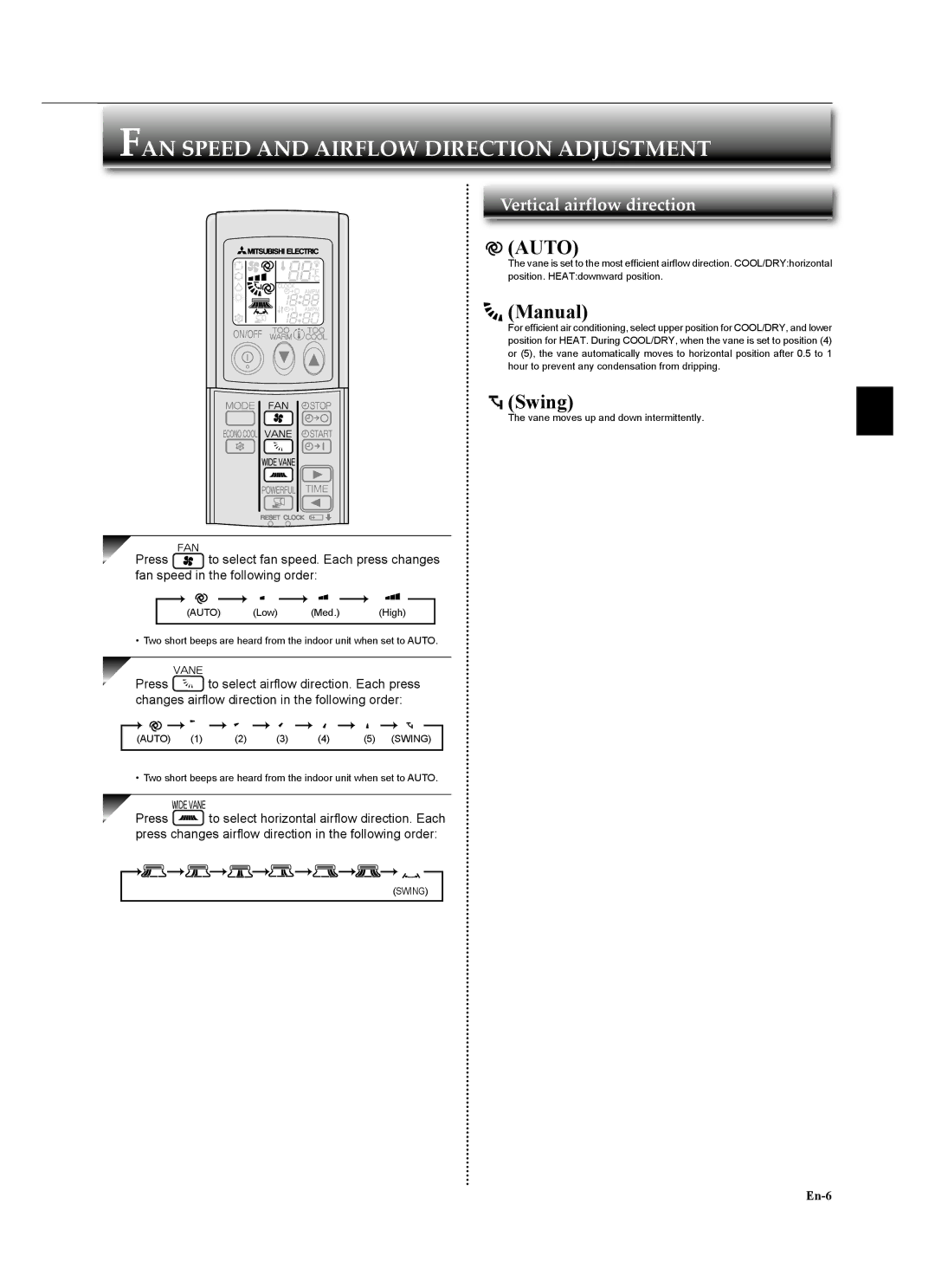 Mitsubishi Electronics MSZ-GA24NA operating instructions FAN Speed and Airflow Direction Adjustment, Auto, Manual, Swing 