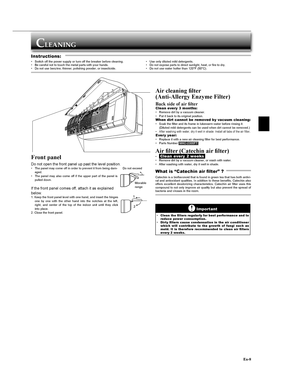 Mitsubishi Electronics MSZ-GA24NA Cleaning, Front panel, Air cleaning ﬁlter Anti-Allergy Enzyme Filter 