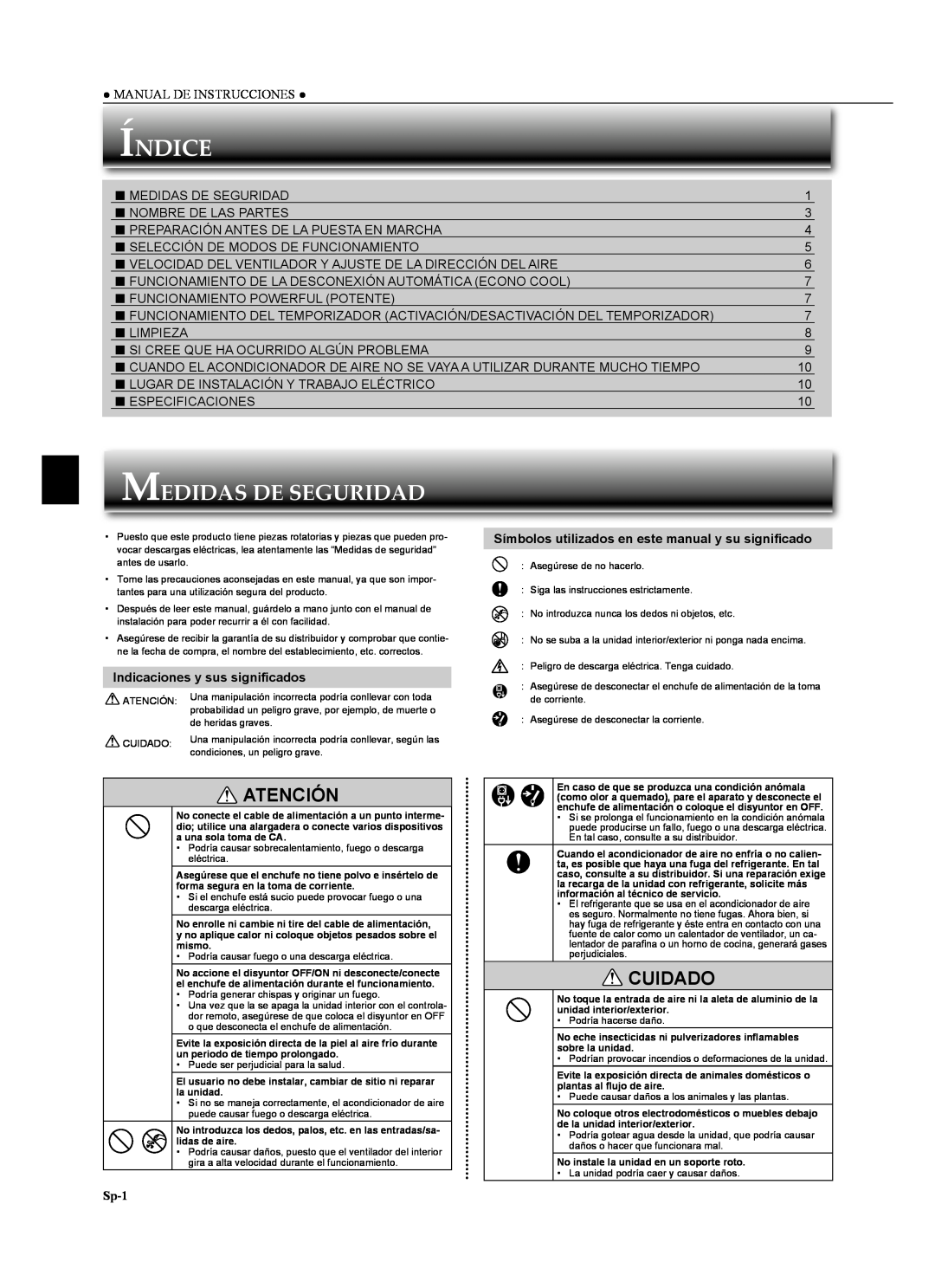 Mitsubishi Electronics MSZ-GA24NA Índice, Medidas De Seguridad, Atención, Cuidado, Indicaciones y sus signiﬁcados, Sp-1 