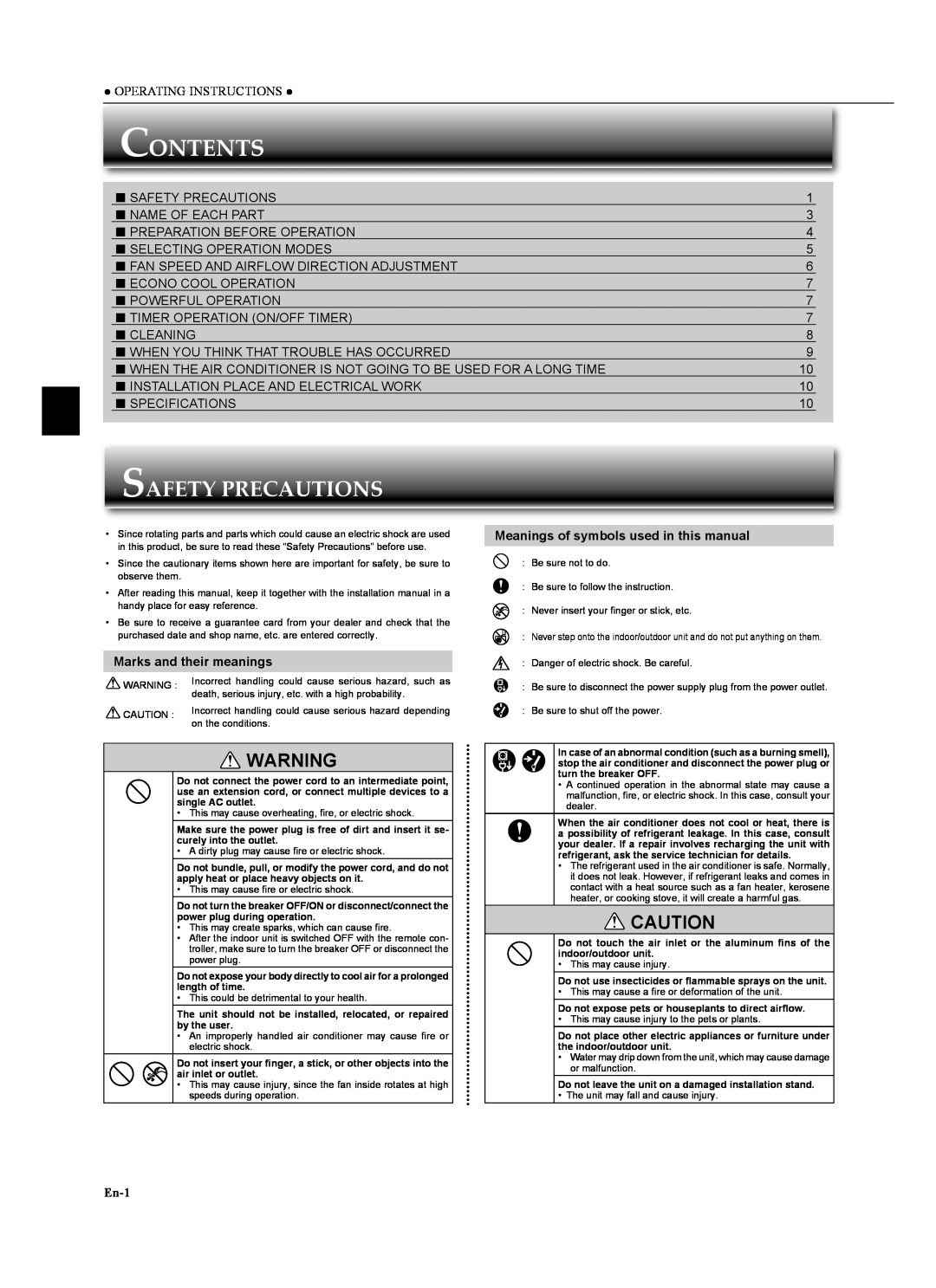 Mitsubishi Electronics MSZ-GA24NA operating instructions Contents, Safety Precautions, Marks and their meanings, En-1 