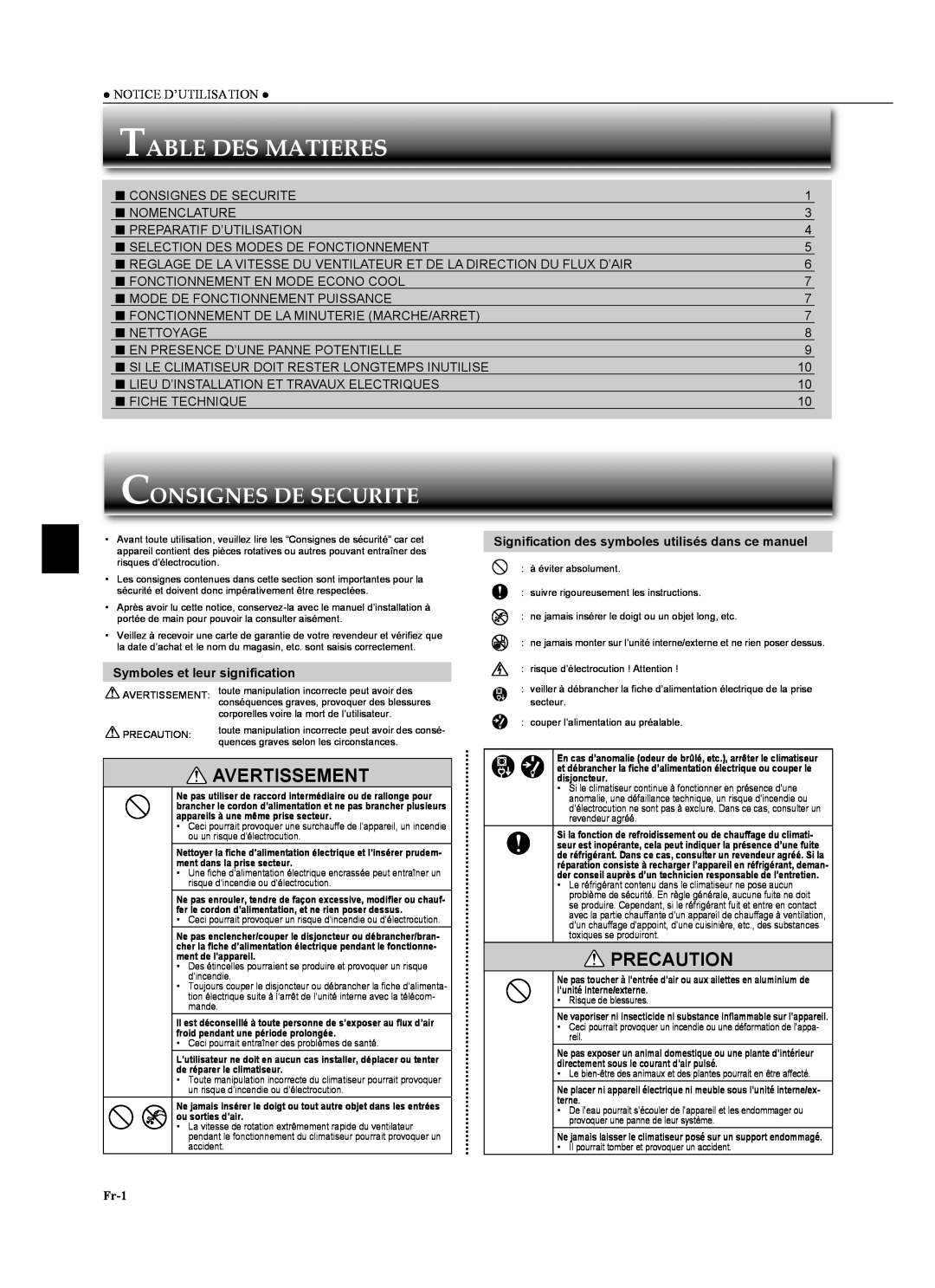 Mitsubishi Electronics MSZ-GA24NA Table Des Matieres, Consignes De Securite, Avertissement, Precaution, Fr-1 