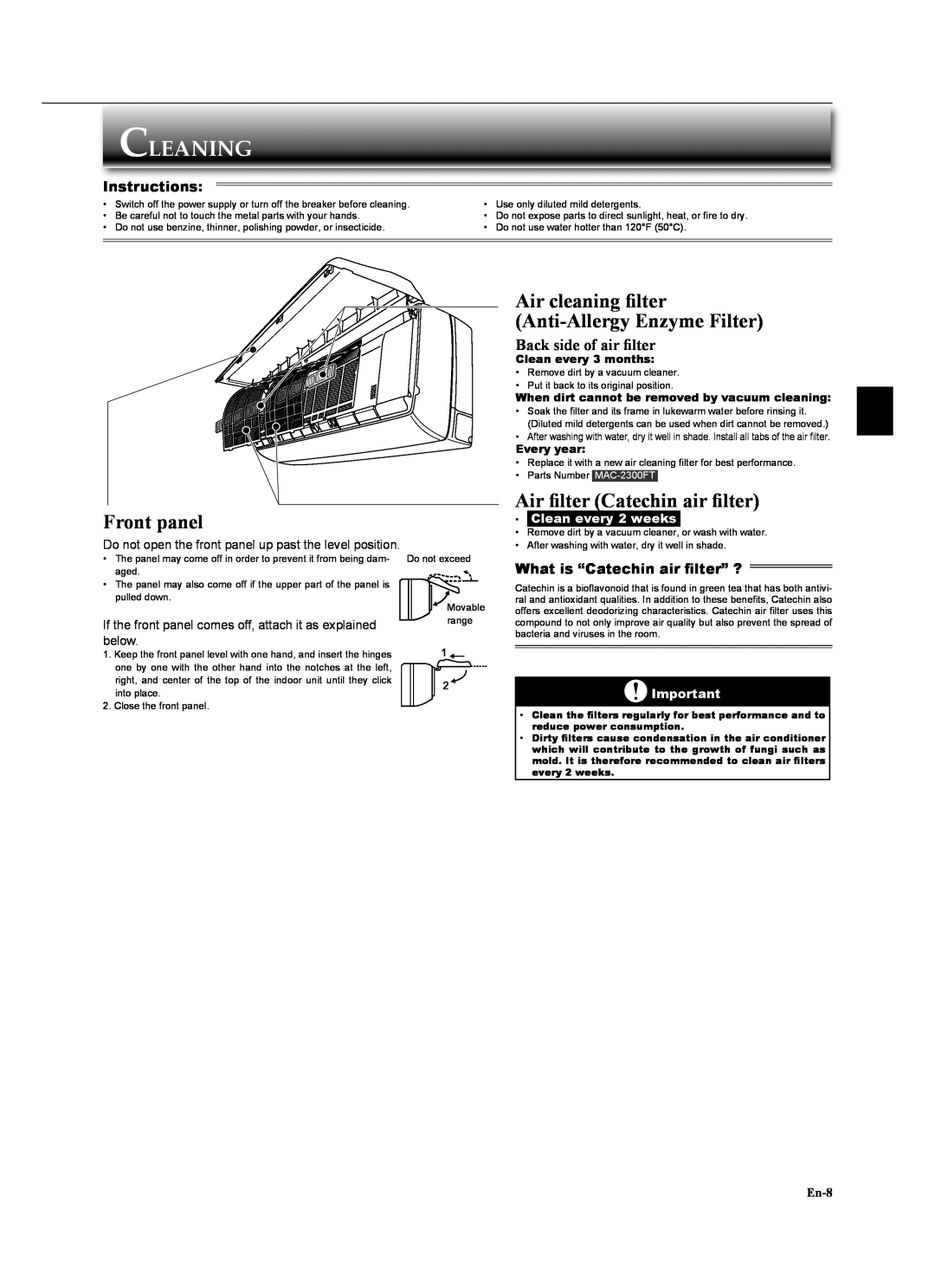 Mitsubishi Electronics MSZ-GA24NA Cleaning, Front panel, Air cleaning ﬁlter Anti-Allergy Enzyme Filter, Instructions, En-8 