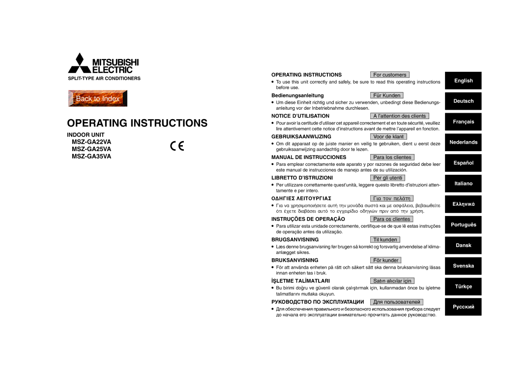 Mitsubishi Electronics MSZ-GA22VA, MSZ-GA25VA, MSZ-GA35VA manual English Deutsch Français Nederlands Español Italiano 