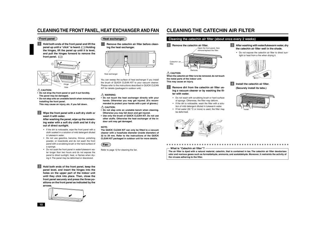 Mitsubishi Electronics MSZ-GA22VA, MSZ-GA25VA, MSZ-GA35VA Cleaning the Catechin AIR Filter, Front panel Heat exchanger, Fan 