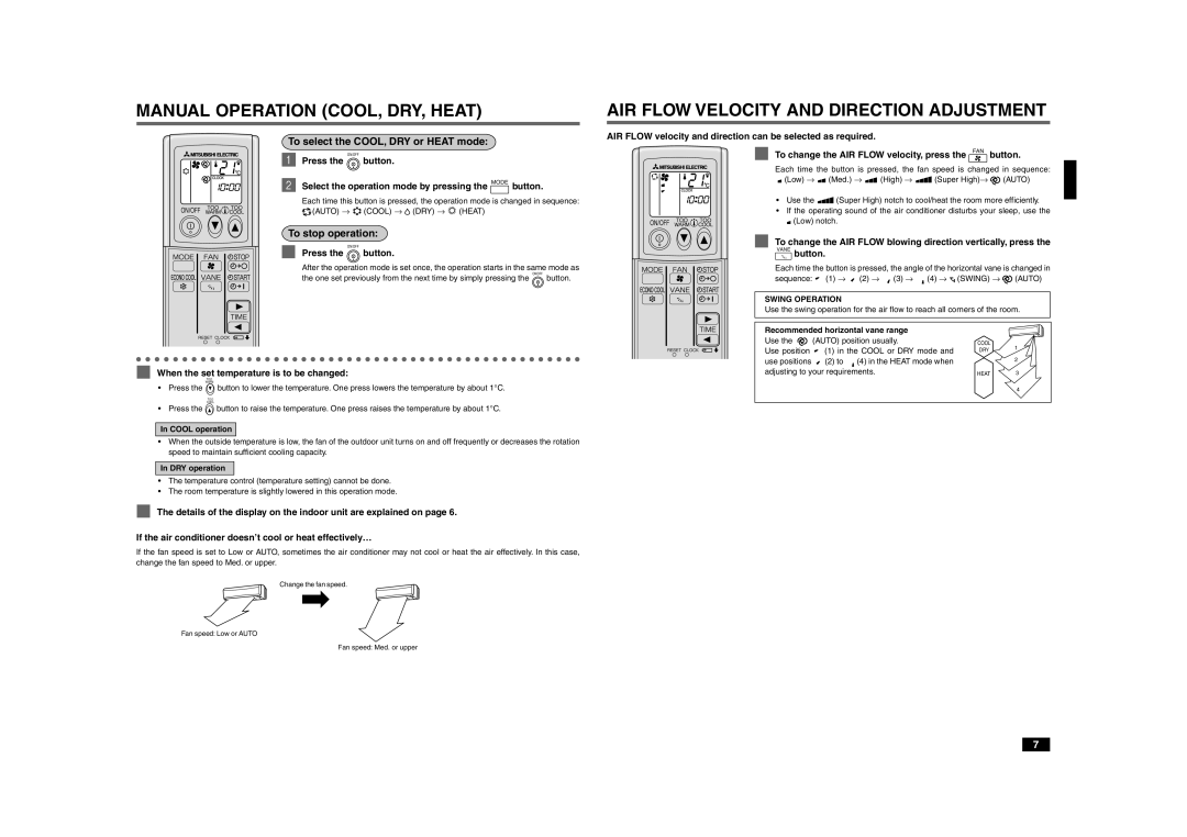 Mitsubishi Electronics MSZ-GA22VA, MSZ-GA25VA Manual Operation COOL, DRY, Heat, AIR Flow Velocity and Direction Adjustment 