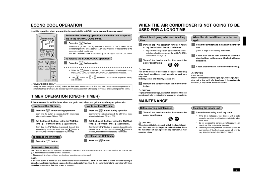 Mitsubishi Electronics MSZ-GA25VA, MSZ-GA22VA, MSZ-GA35VA Econo Cool Operation, Timer Operation ON/OFF Timer, Maintenance 