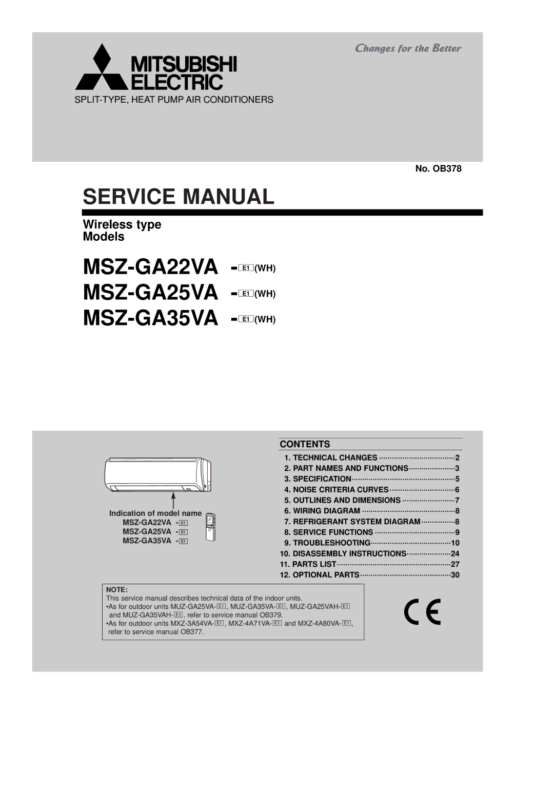 Mitsubishi Electronics service manual MSZ-GA22VA MSZ-GA25VA MSZ-GA35VA, Contents 