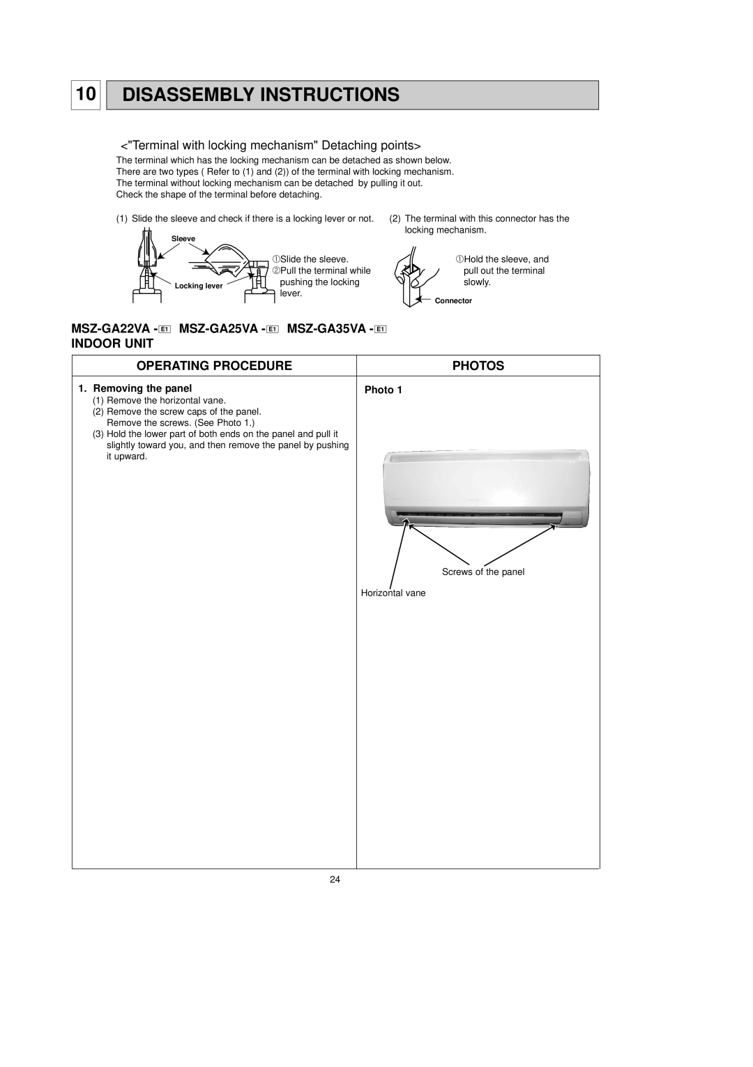 Mitsubishi Electronics MSZ-GA25VA, MSZ-GA22VA, MSZ-GA35VA service manual Disassembly Instructions, Removing the panel Photo 