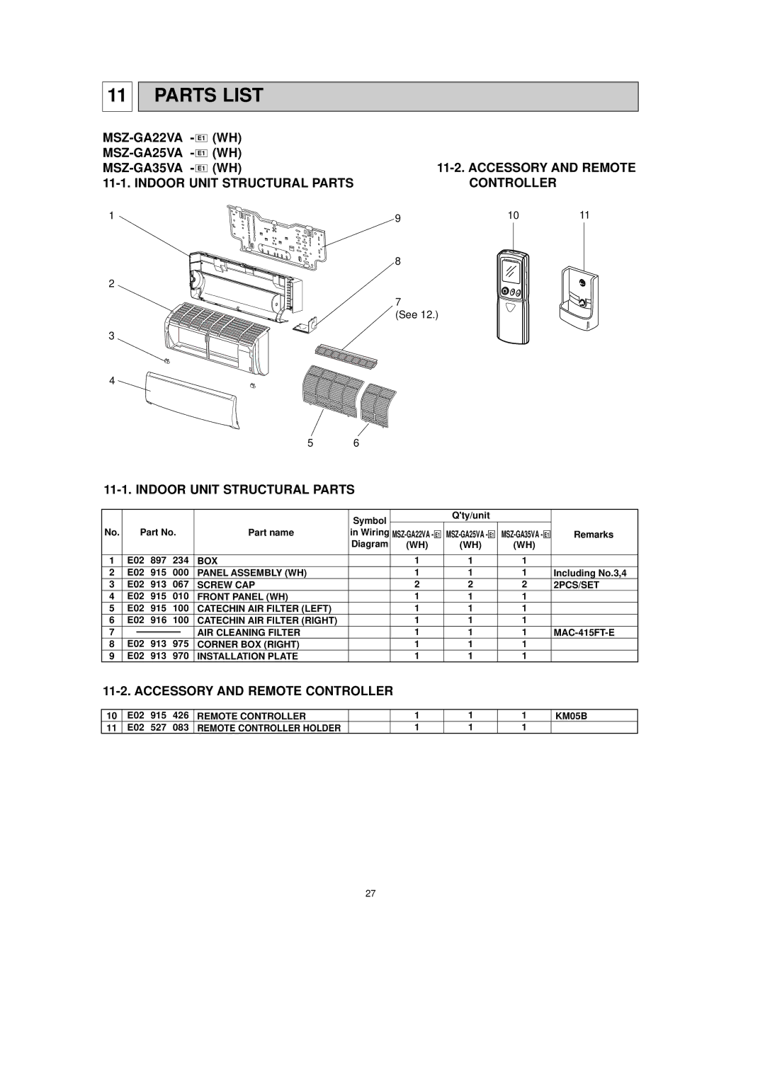 Mitsubishi Electronics MSZ-GA25VA Parts List, Indoor Unit Structural Parts Controller, Accessory and Remote Controller 