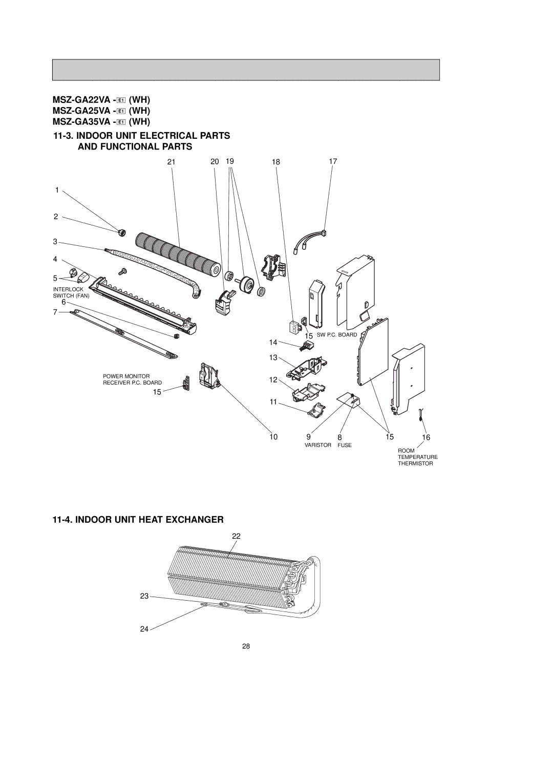 Mitsubishi Electronics MSZ-GA22VA Indoor Unit Electrical Parts and Functional Parts, Indoor Unit Heat Exchanger 