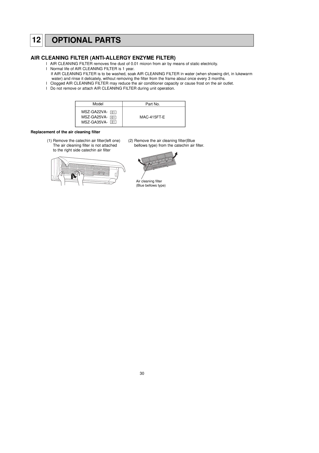 Mitsubishi Electronics MSZ-GA25VA, MSZ-GA22VA Optional Parts, AIR Cleaning Filter ANTI-ALLERGY Enzyme Filter, MSZ-GA35VA 