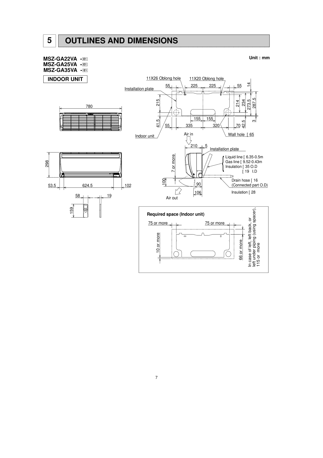 Mitsubishi Electronics Outlines and Dimensions, MSZ-GA22VA E1 MSZ-GA25VA E1 MSZ-GA35VA E1 Indoor Unit, Unit mm 