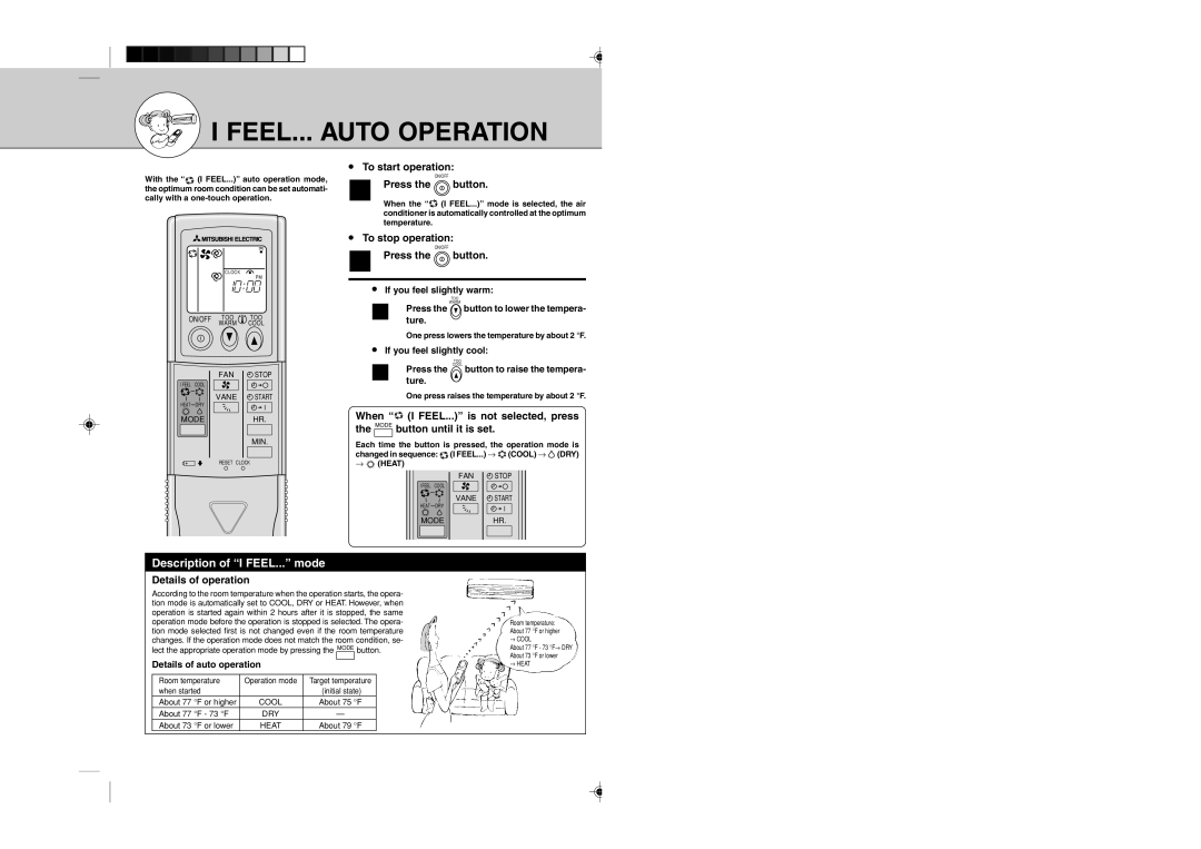 Mitsubishi Electronics MSZ12UN FEEL... Auto Operation, Description of I FEEL... mode, To stop operation Press the button 