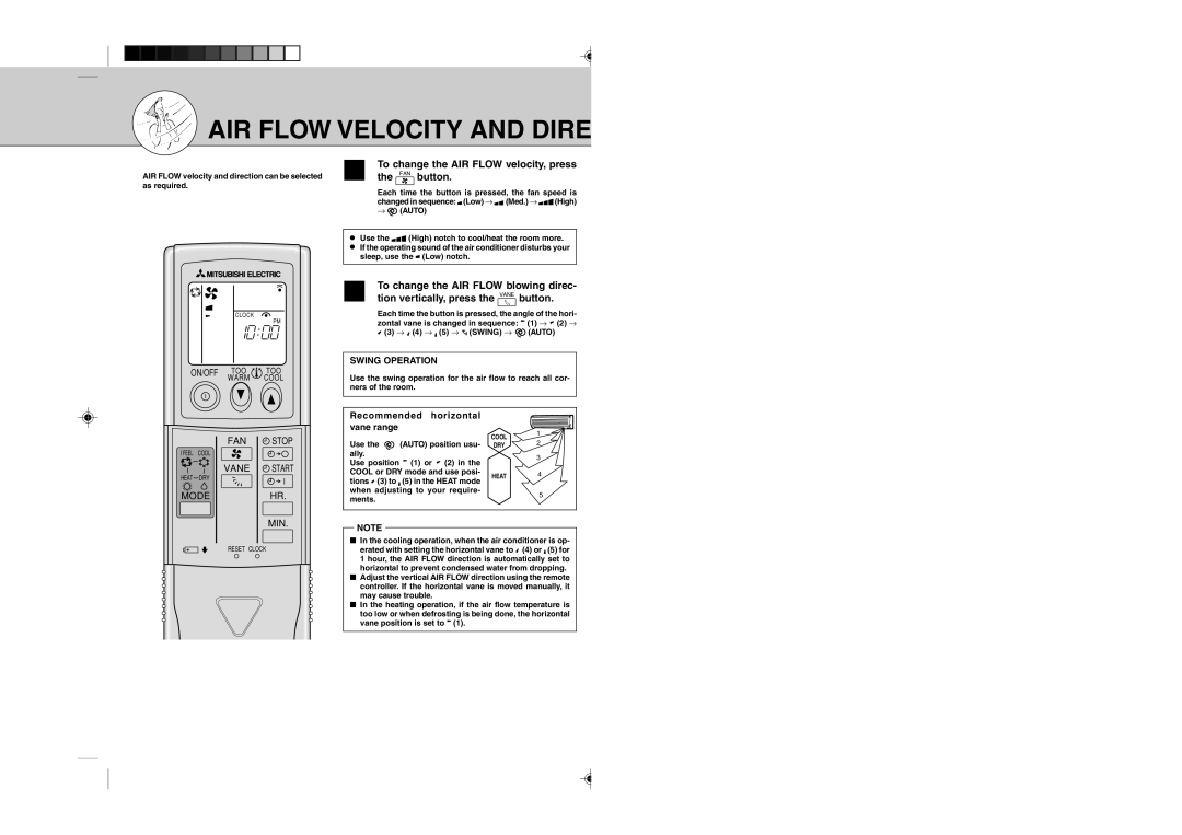 Mitsubishi Electronics MSZ12UN, MSZ09UN AIR Flow Velocity and Dire, To change the AIR Flow velocity, press the FAN button 