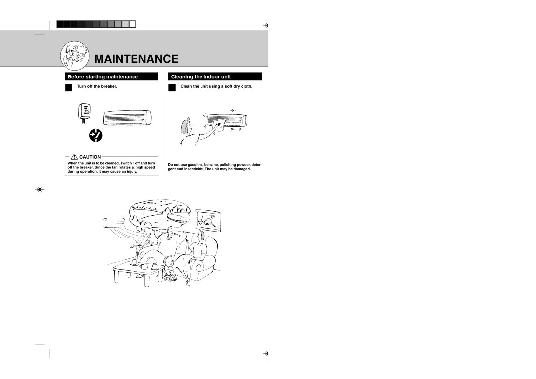 Mitsubishi Electronics MSZ12UN, MSZ09UN Maintenance, Before starting maintenance, Cleaning the indoor unit 