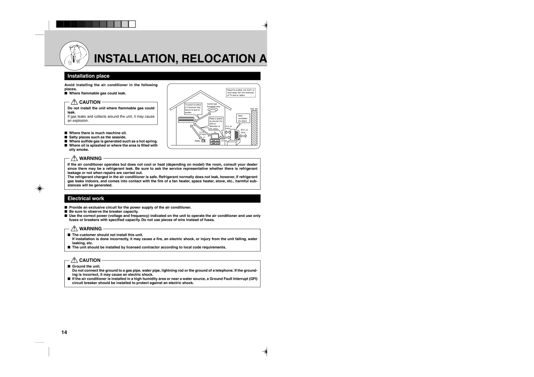 Mitsubishi Electronics MSZ12UN, MSZ09UN INSTALLATION, Relocation a, Installation place, Electrical work 