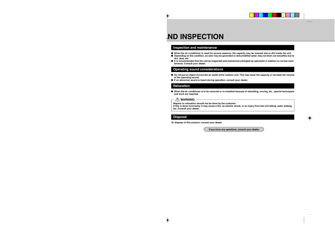 Mitsubishi Electronics MSZ09UN ND Inspection, Inspection and maintenance, Operating sound considerations, Relocation 