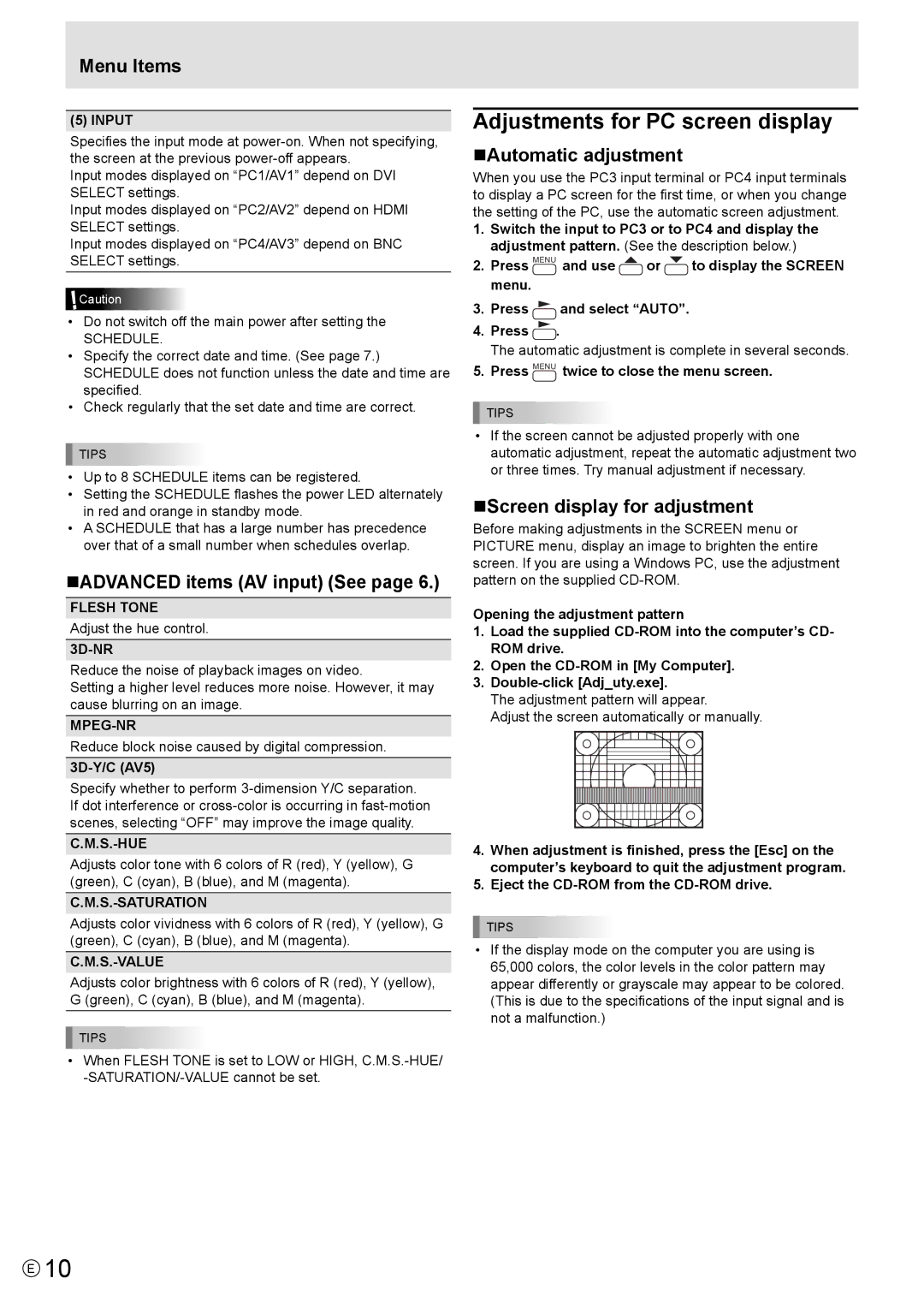 Mitsubishi Electronics MT819 manual Adjustments for PC screen display, „ADVANCED items AV input See, „Automatic adjustment 