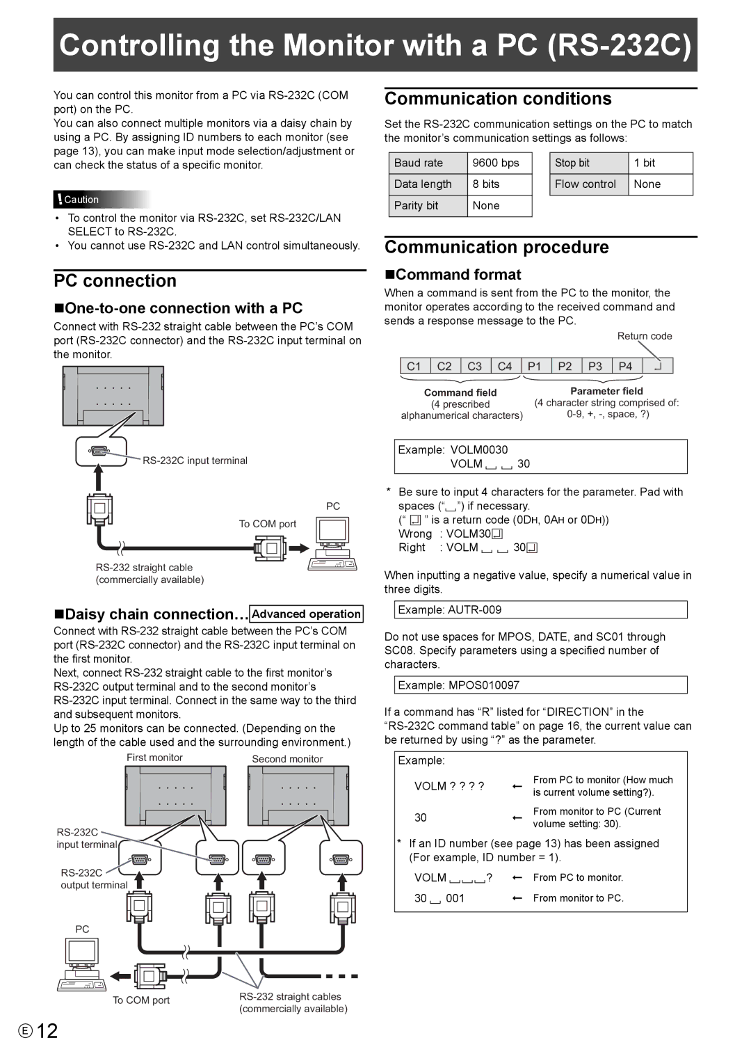 Mitsubishi Electronics MT819, LDT521V Controlling the Monitor with a PC RS-232C, PC connection, Communication conditions 