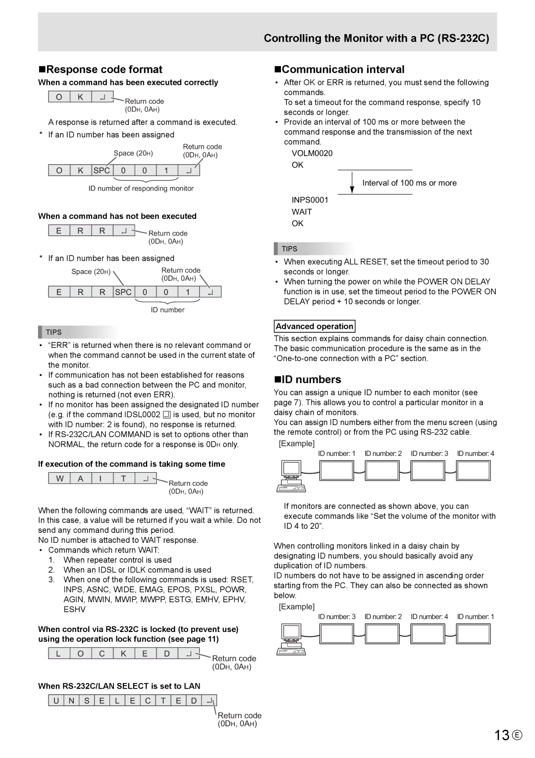 Mitsubishi Electronics LDT521V, MT819 manual 13 E, „Response code format, „ID numbers 