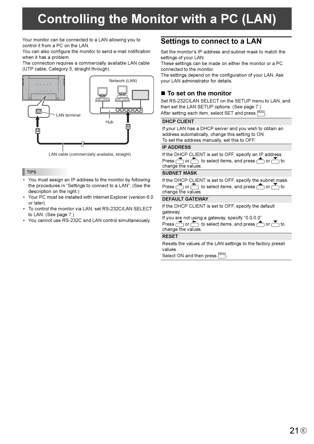 Mitsubishi Electronics LDT521V, MT819 manual Controlling the Monitor with a PC LAN, 21 E, Settings to connect to a LAN 