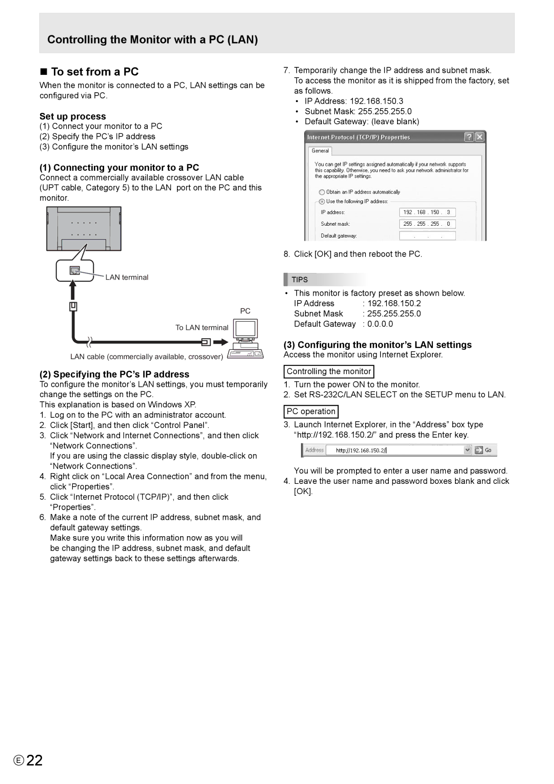 Mitsubishi Electronics MT819, LDT521V manual Controlling the Monitor with a PC LAN „ To set from a PC, Default Gateway 0.0 