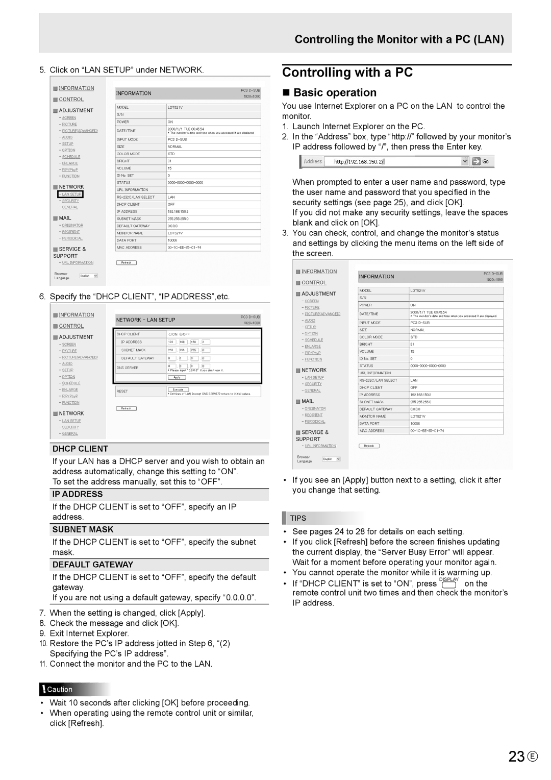 Mitsubishi Electronics LDT521V manual 23 E, Controlling with a PC, Controlling the Monitor with a PC LAN, „ Basic operation 