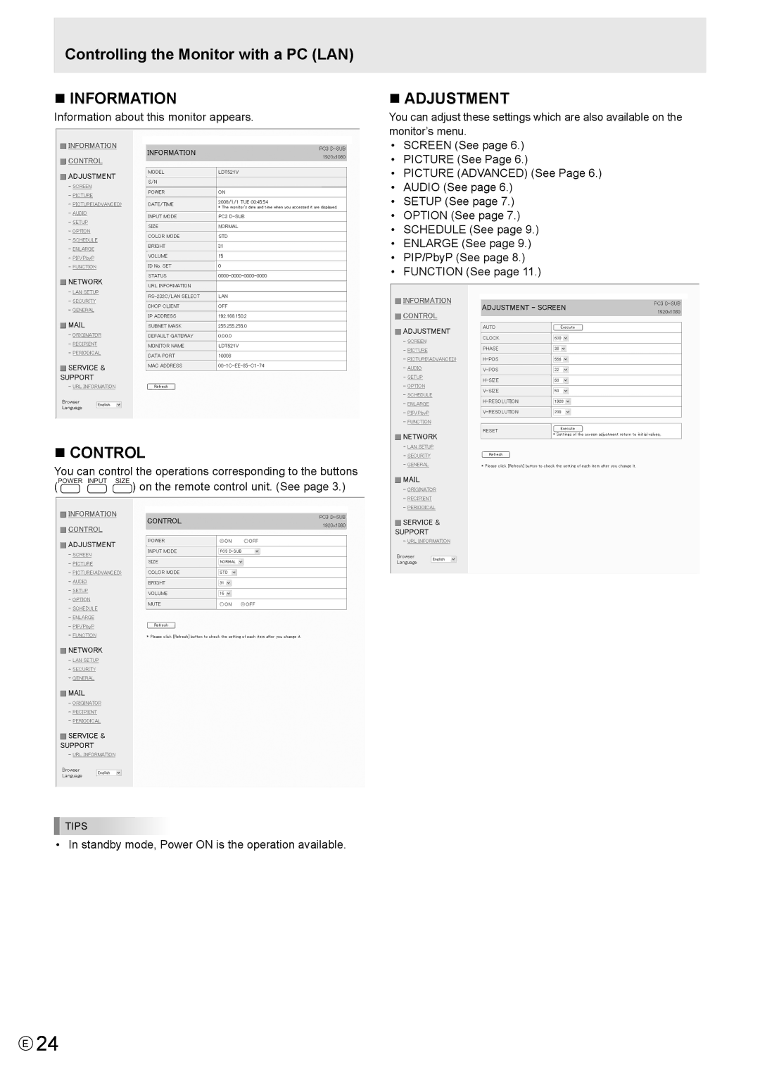 Mitsubishi Electronics MT819, LDT521V manual „ Information, „ Control, Standby mode, Power on is the operation available 