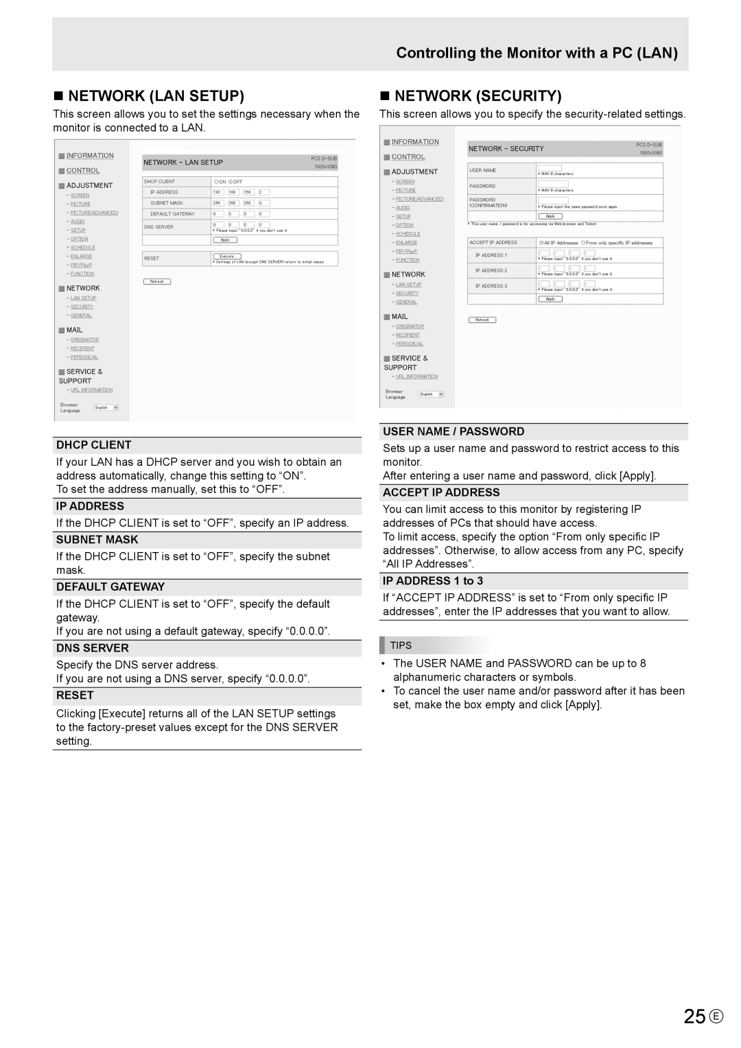 Mitsubishi Electronics LDT521V, MT819 manual 25 E, „ Network LAN Setup, „ Network Security 