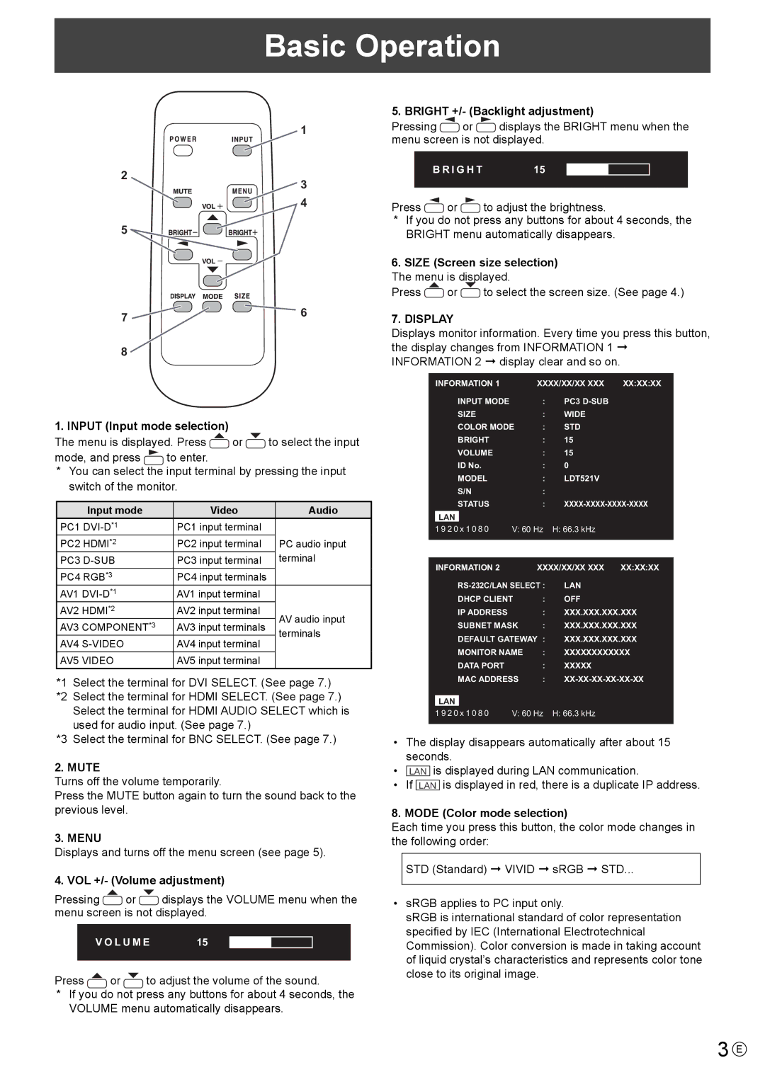 Mitsubishi Electronics LDT521V, MT819 manual Basic Operation, Mute, Menu, Display 