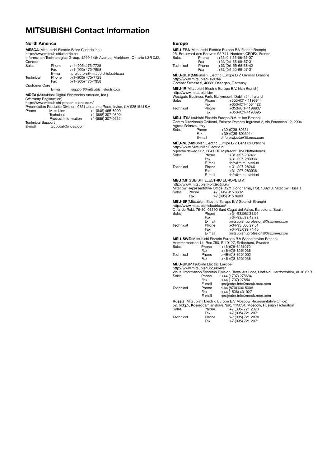 Mitsubishi Electronics MT819, LDT521V manual Mitsubishi Contact Information, North America 