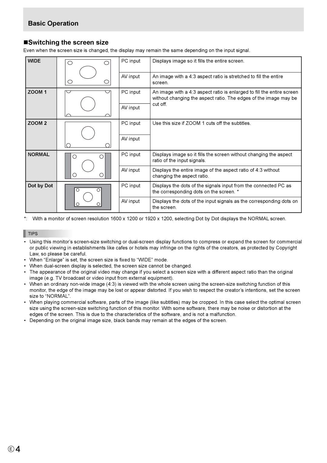 Mitsubishi Electronics MT819, LDT521V Basic Operation „Switching the screen size, Wide Zoom Normal, Dot by Dot, Cut off 