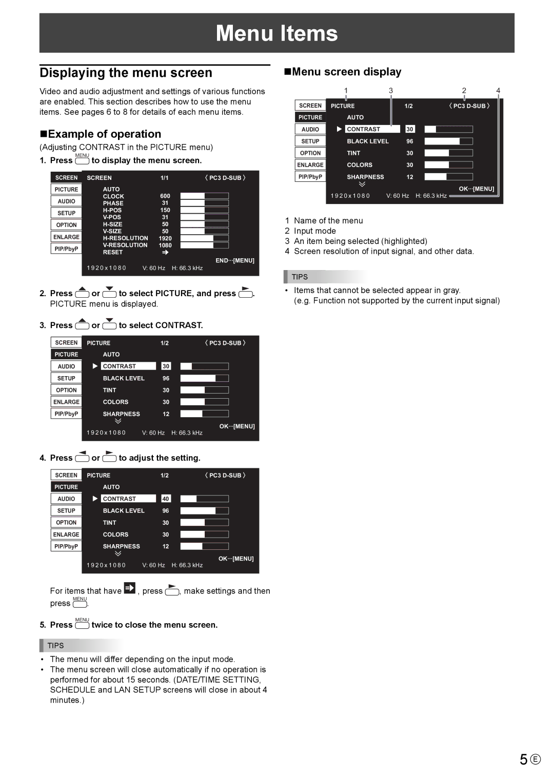 Mitsubishi Electronics LDT521V, MT819 Menu Items, Displaying the menu screen, „Example of operation, „Menu screen display 