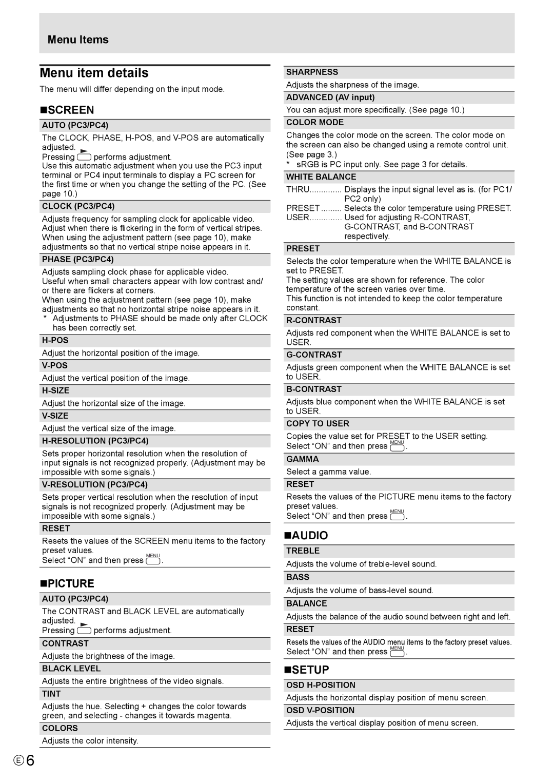 Mitsubishi Electronics MT819, LDT521V manual Menu item details, „Screen, „Picture, „Audio, „Setup 