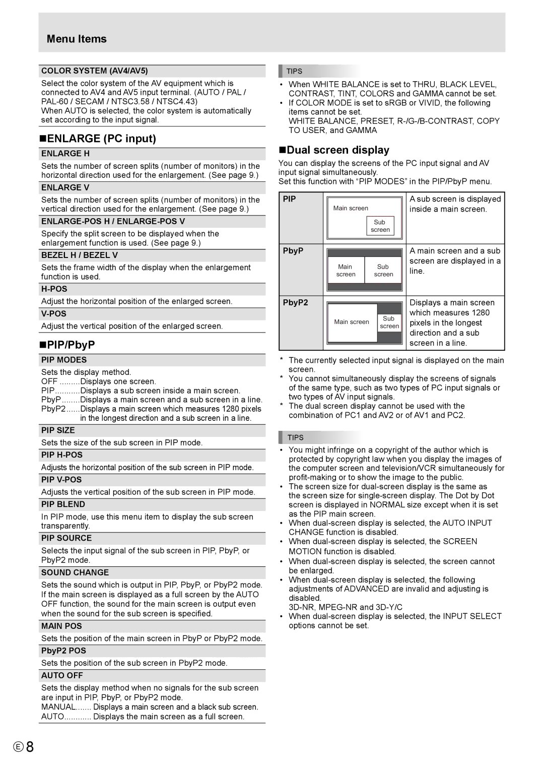 Mitsubishi Electronics MT819, LDT521V manual „ENLARGE PC input, „PIP/PbyP, „Dual screen display 