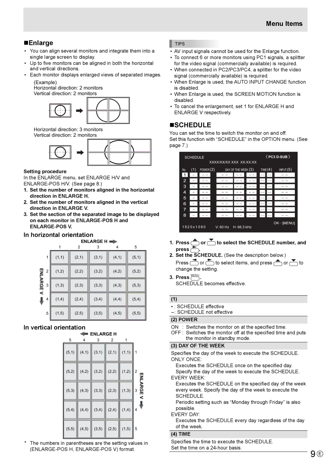 Mitsubishi Electronics LDT521V, MT819 manual „Enlarge, „Schedule, Enlarge-Pos, Power, DAY of the Week 