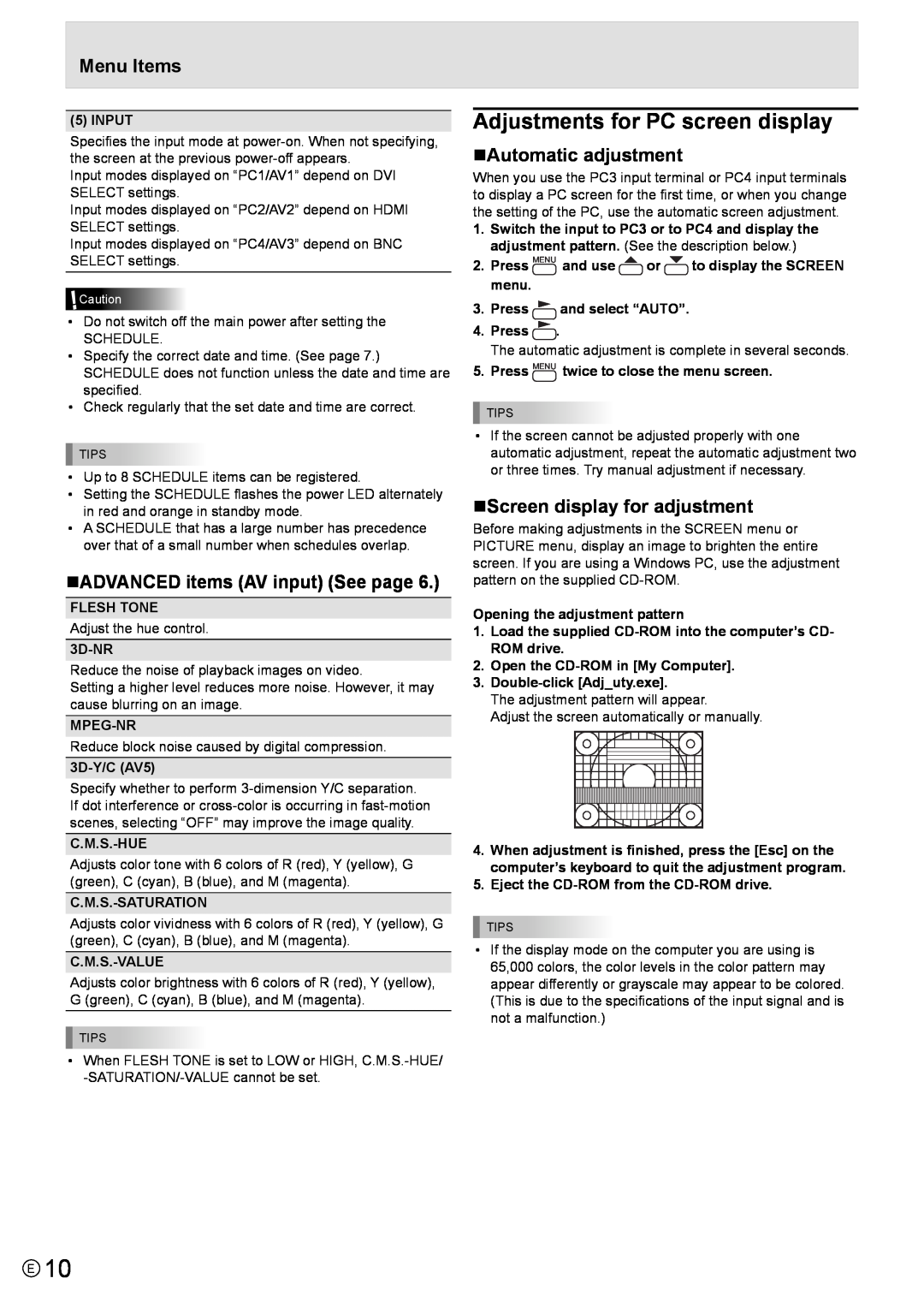 Mitsubishi Electronics MT819 Adjustments for PC screen display, „ADVANCED items AV input See page, „Automatic adjustment 