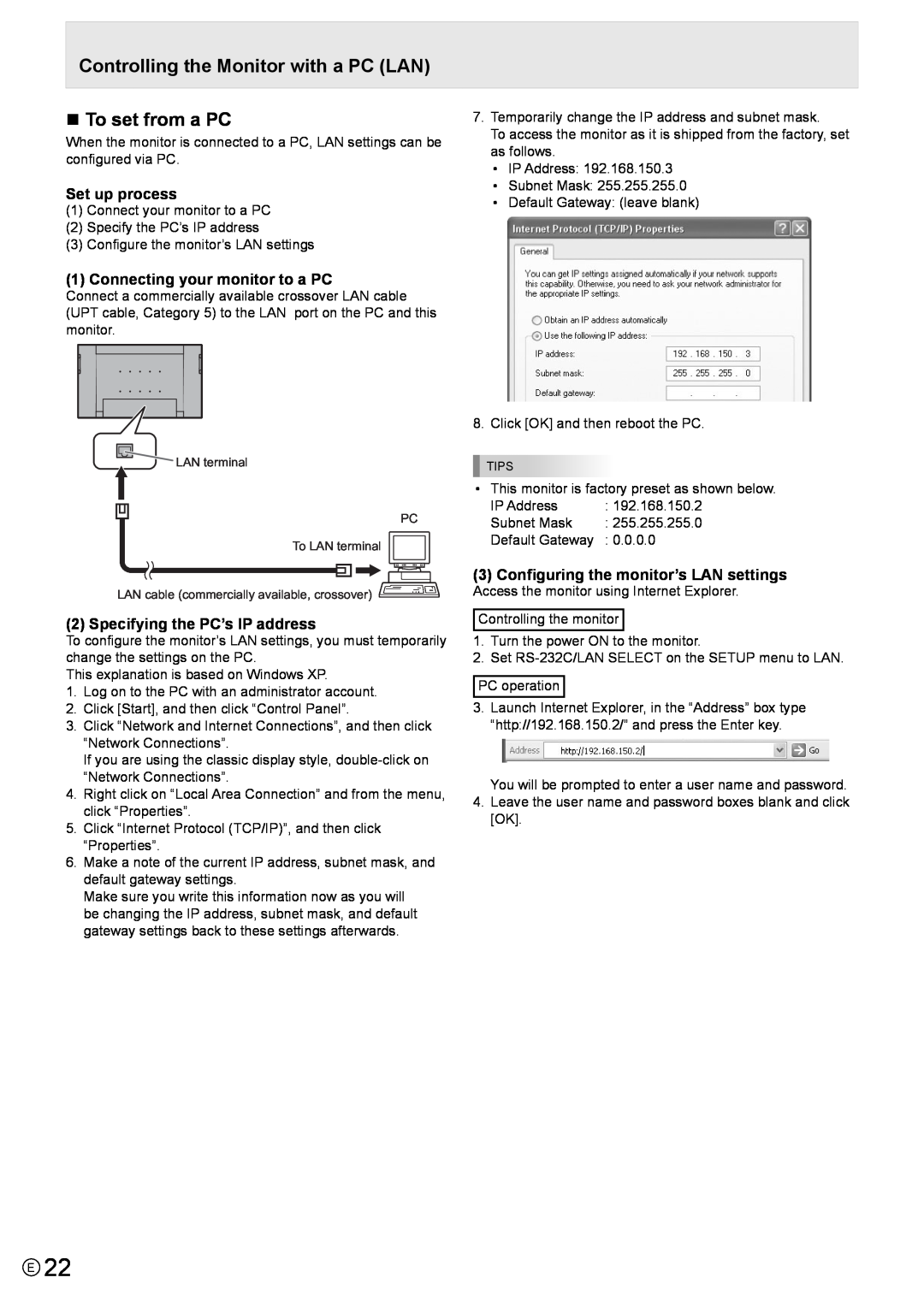 Mitsubishi Electronics MT819, LDT521V manual Controlling the Monitor with a PC LAN „ To set from a PC, Set up process 