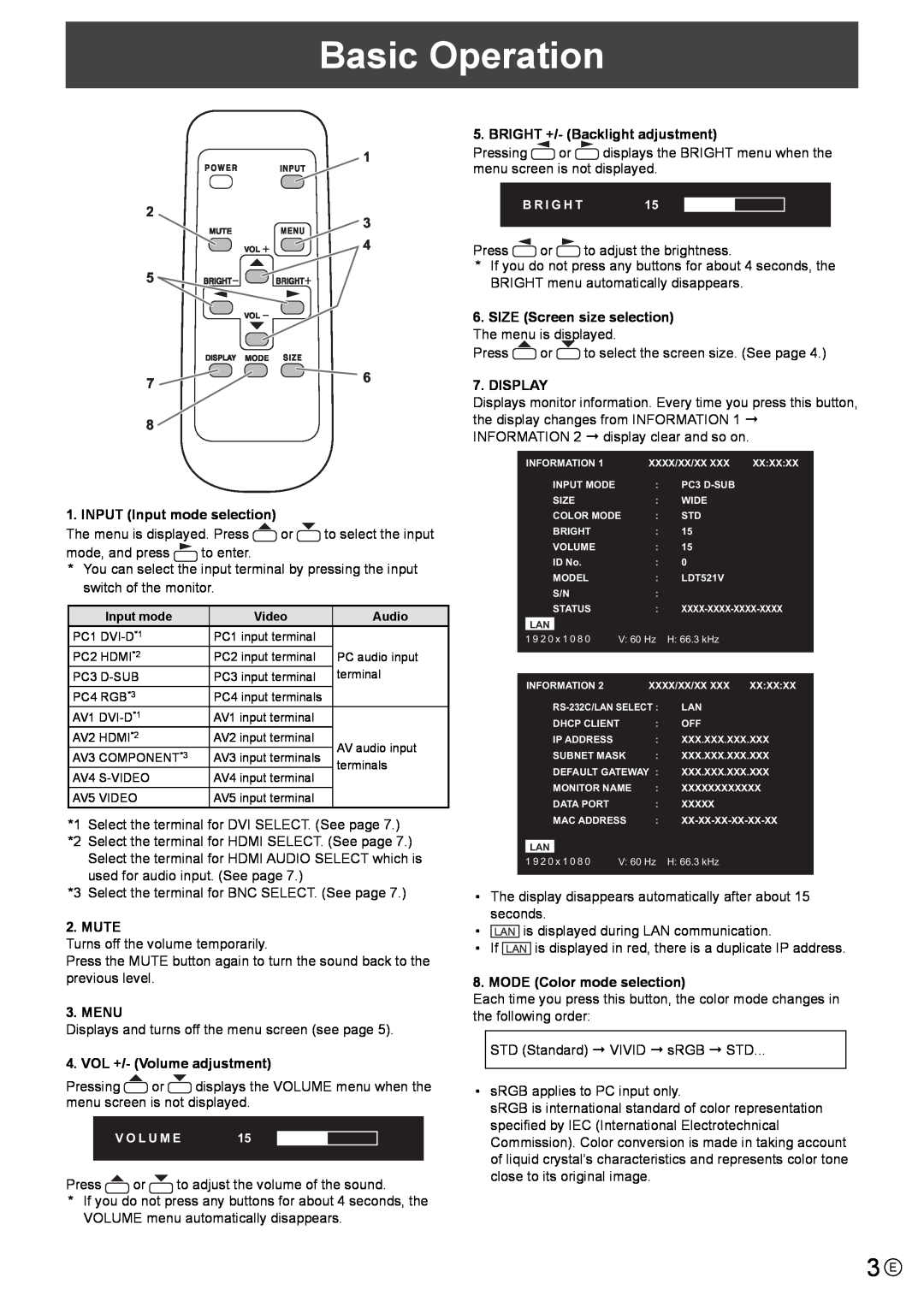 Mitsubishi Electronics LDT521V Basic Operation, INPUT Input mode selection, Mute, Menu, VOL +/- Volume adjustment, Display 