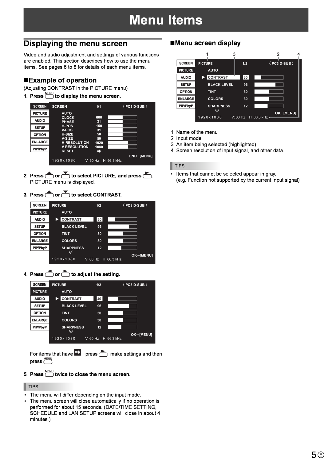 Mitsubishi Electronics LDT521V Menu Items, Displaying the menu screen, „Example of operation, „Menu screen display, Press 