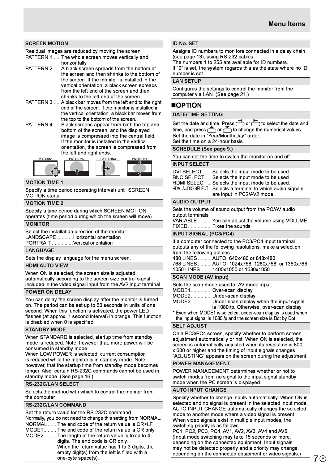 Mitsubishi Electronics LDT521V „Option, Screen Motion, Motion Time, Monitor, Language, Hdmi Auto View, Power On Delay 
