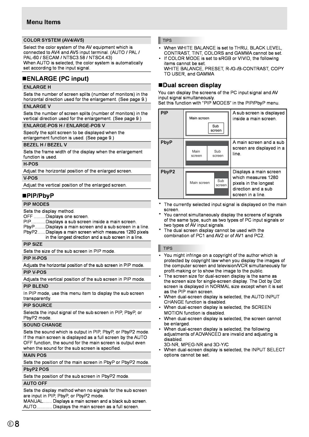 Mitsubishi Electronics MT819 „ENLARGE PC input, „PIP/PbyP, „Dual screen display, COLOR SYSTEM AV4/AV5, Enlarge H, Pip Size 