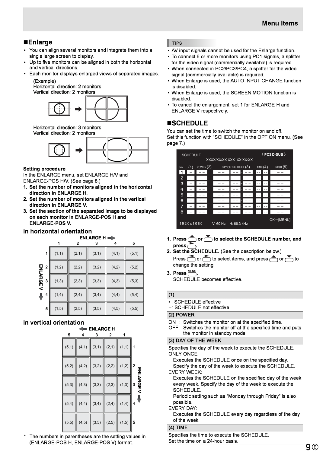 Mitsubishi Electronics LDT521V „Enlarge, „Schedule, In horizontal orientation, In vertical orientation, Setting procedure 
