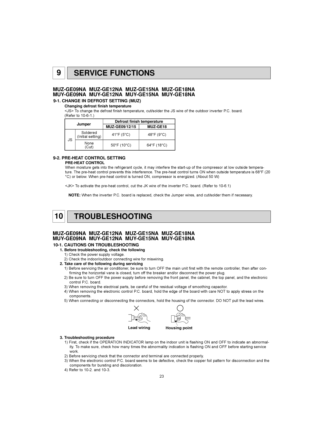 Mitsubishi Electronics MUZ-GE09NA, MUY-GE12NA, MUY-GE15NA Service Functions, Troubleshooting, Change in Defrost Setting MUZ 