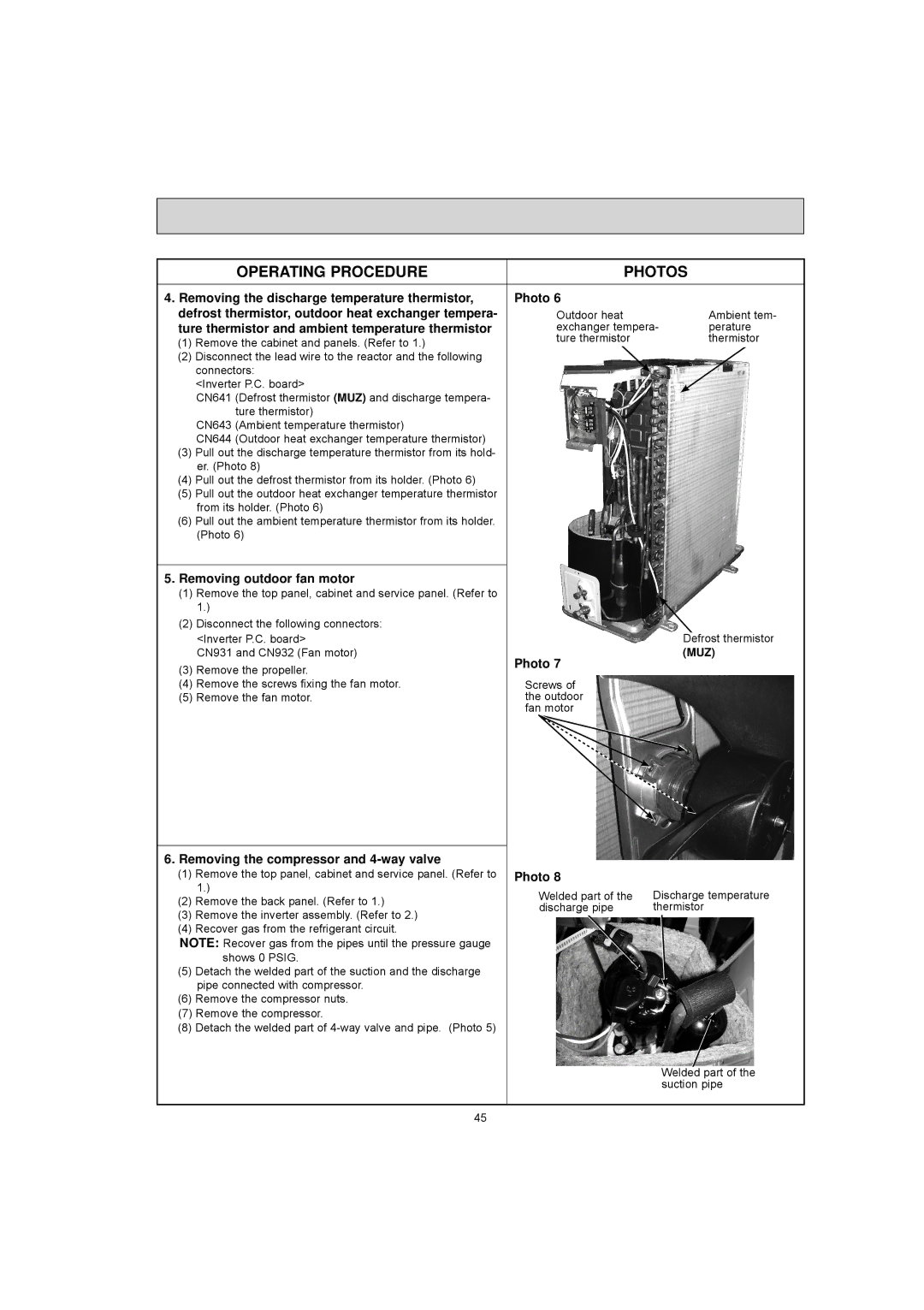 Mitsubishi Electronics MUZ-GE15NA Ture thermistor and ambient temperature thermistor, Removing outdoor fan motor 