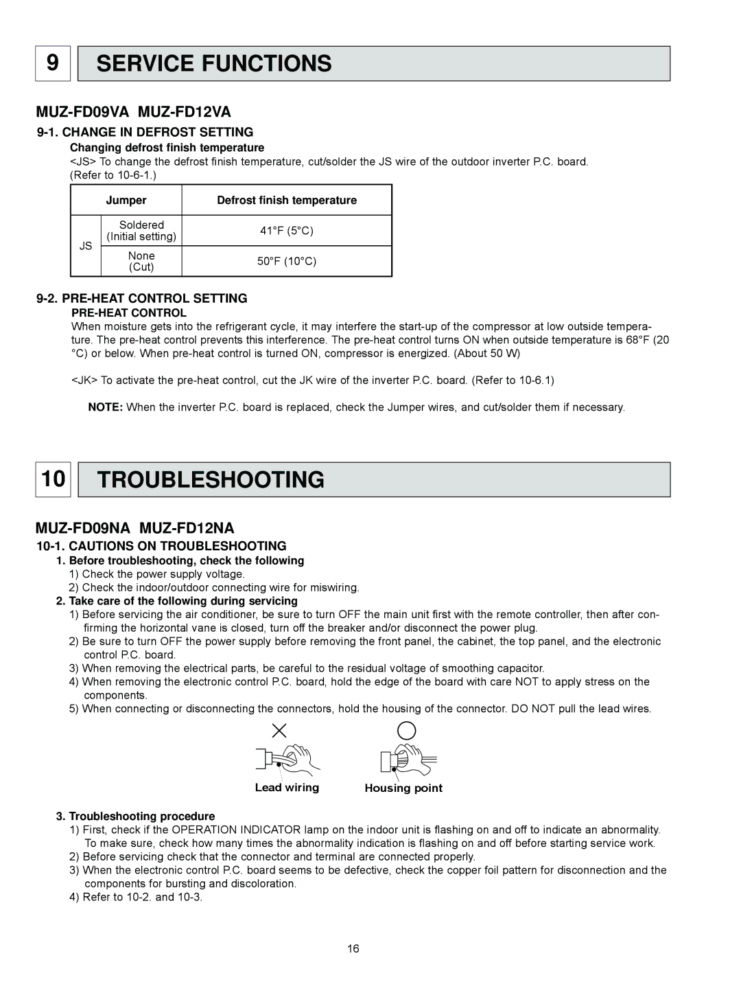 Mitsubishi Electronics MUZ-FD09NA Service Functions, Troubleshooting, Change in Defrost Setting, PRE-HEAT Control Setting 