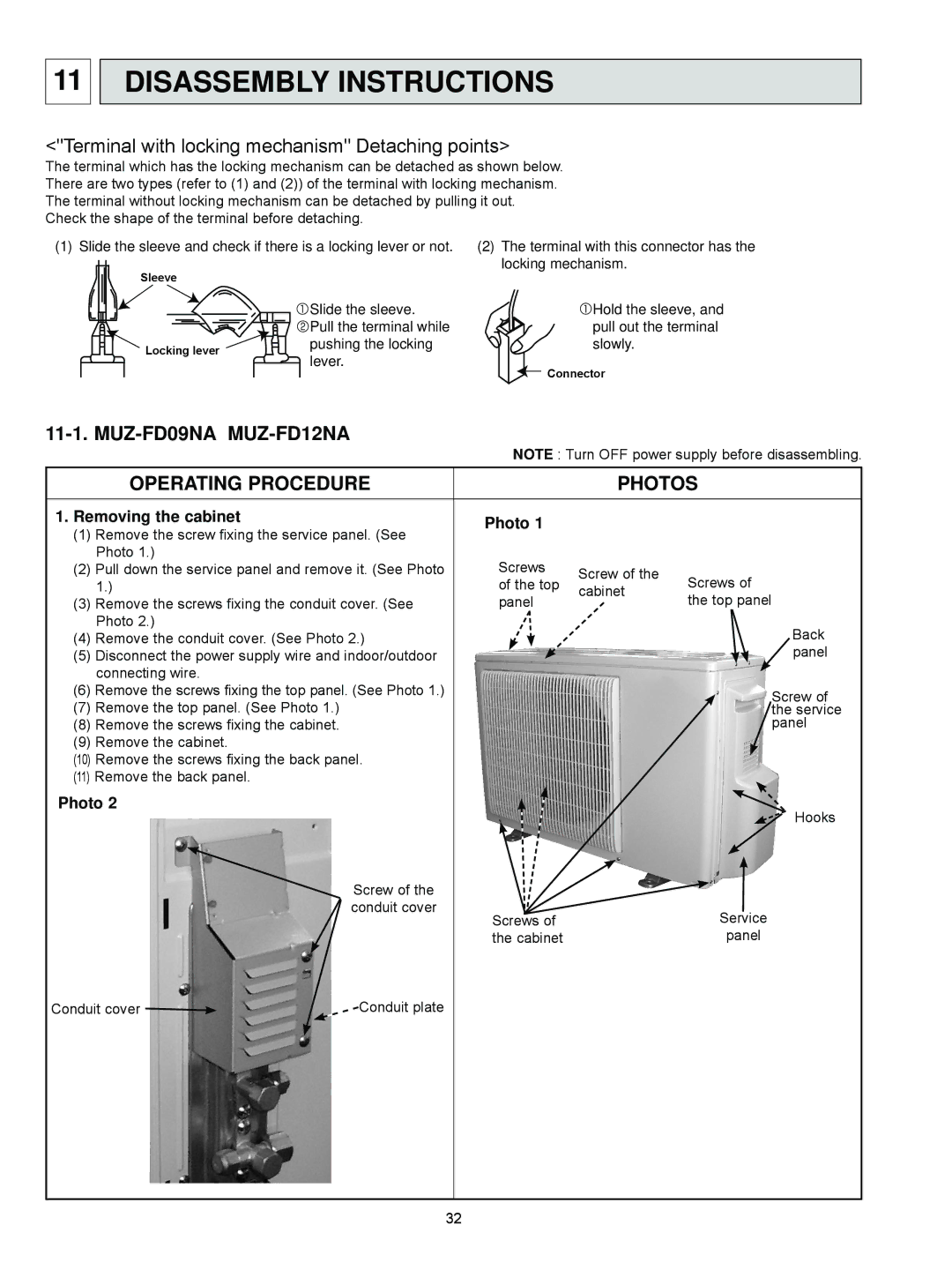 Mitsubishi Electronics MUZ-FD09NA- U1, MUZ-FD12NA- U1 Disassembly Instructions, Removing the cabinet Photo 